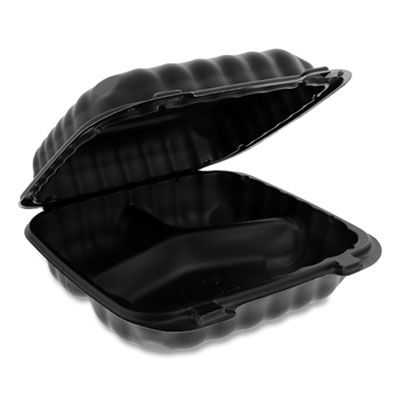 Pactiv YCNB08030000 EarthChoice SmartLock Plastic Hinged Lid Containers, 3 Compartment, Microwavable, 8.3" x 8.3" x 3.4", Black - 200 / Case