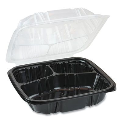 Pactiv DC858330B000 EarthChoice Hinged Lid Takeout Container, 3 Compartment, Vented, Microwavable, 8.5" x 8.5" x 3.1", Black / Clear - 150 / Case