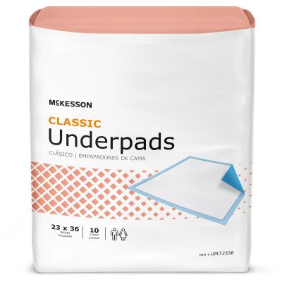 McKesson UPLT2336 Classic Underpads, 23" x 36", Disposable, Fluff / Polymer, Light Absorbency, White / Blue - 150 / Case