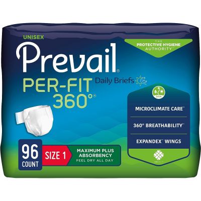 Prevail Per-Fit 360° Daily Briefs Adult Diapers with Tabs, Size 1 (26-48 in.), Maximum Plus - 96 / Case