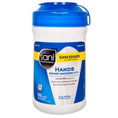 Nice-Pak P43572 Sani-Hands Instant Hand Sanitizing Wipes, 70% Alcohol, 150 / Canister, 6" x 5" - 12 / Case