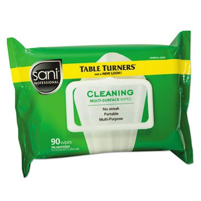 Sani Professional A580FW Table Turners Multi-Surface Cleaning Wipes, 90 / Pack, 7" x 11.5", White - 12 / Case