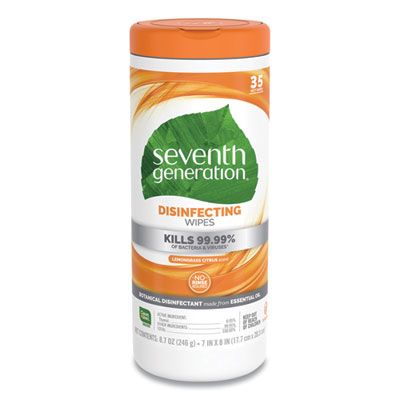 Seventh Generation 22812 Disinfecting Wipes, Lemongrass Citrus Scent, 35 / Canister, 8" x 7", White - 12 / Case