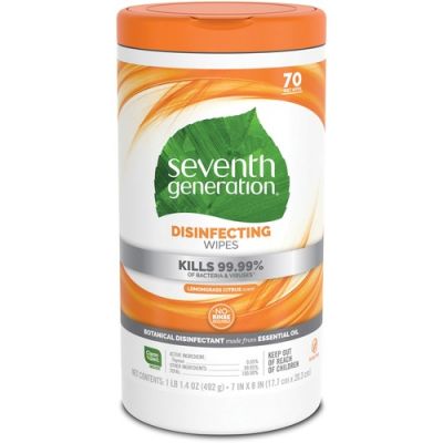 Seventh Generation 22813 Disinfecting Wipes, Botanical, 7" x 8", Lemongrass Citrus Scent, 70 / Canister - 6 / Case