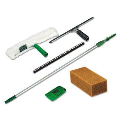 Unger PWK00 Professional Window Cleaning Kit, Scrubber, Squeegee, Scraper, Sponge, 8' Handle, White / Green - 1 / Case
