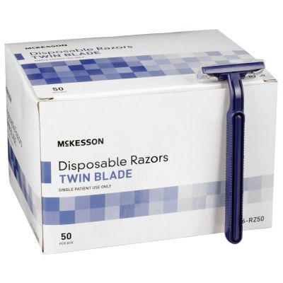 McKesson 16-RZ50 Disposable Razors w/ Twin Blades, Stainless Steel, Blue Plastic Handle, Single Patient Use - 100 / Case