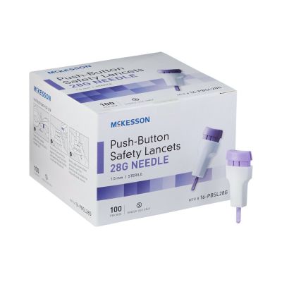 McKesson 16-PBSL28G Push-Button Safety Lancets, 28 Gauge Needle, 1.5 mm Fixed Depth, Sterile - 100 / Case
