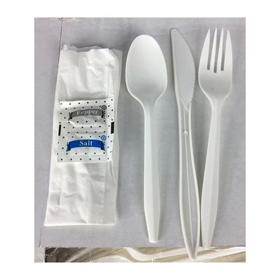 Wellcare 6KMW Disposable Wrapped Cutlery Dining Kit w/ Fork, Knife, Teaspoon, Salt & Pepper, Napkin, White - 250 / Case
