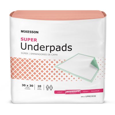 McKesson UPMD3030 Super Underpads, 30" x 30", Disposable, Fluff / Polymer, Moderate Absorbency, White / Green - 150 / Case