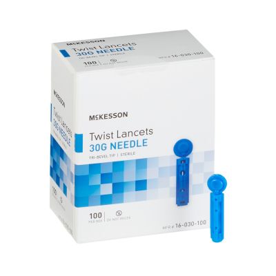 McKesson 16-030-100 Twist Lancets w/ Tri-Bevel Tip, 30 Gauge Needle, 1.8 mm Depth, Blue, Sterile - 5000 / Case