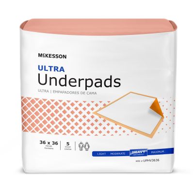 McKesson UPHV3636 Ultra Underpads, 36" x 36", Disposable, Fluff / Polymer, Heavy Absorbency, White / Peach - 50 / Case