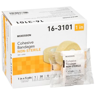 McKesson 16-3101 Cohesive Bandage, 1" x 5 Yds Roll, Latex, Standard Compression, Self-Adherent Closure, Tan - 30 / Case
